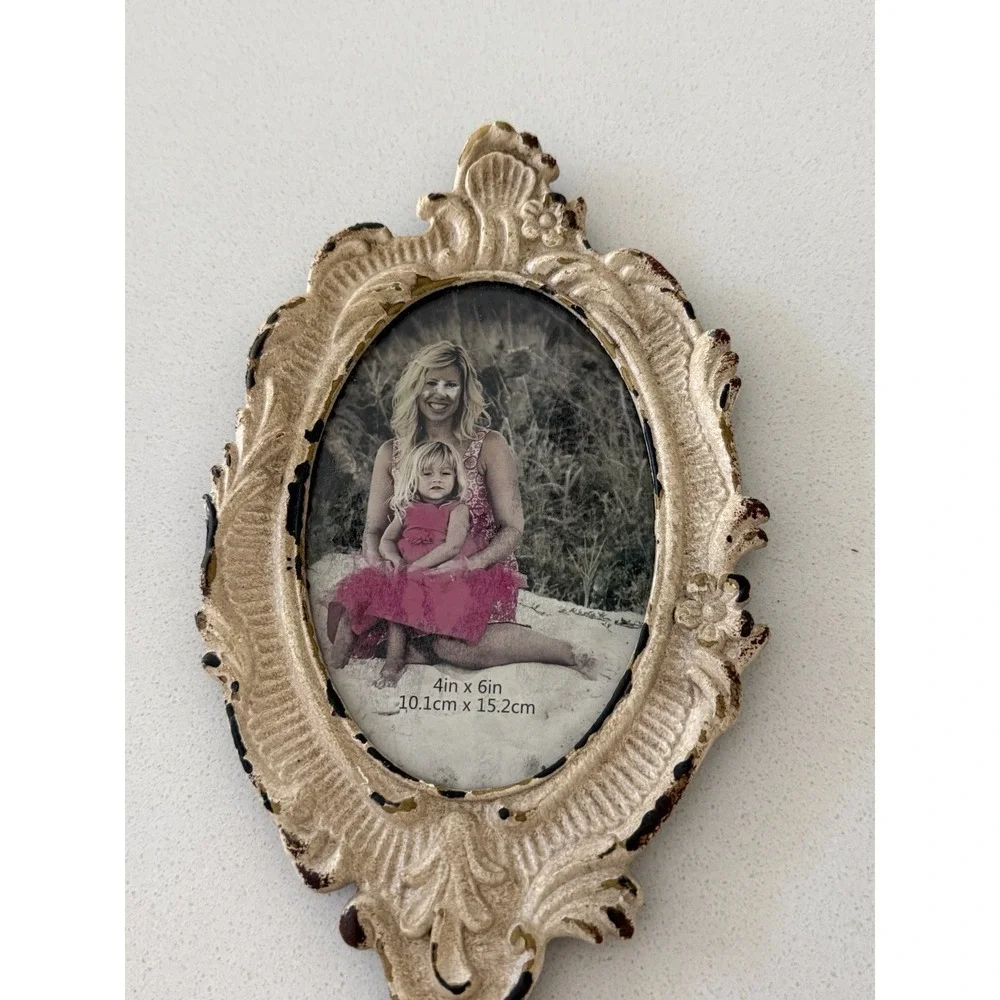 Vintage Ornate Hand Mirror Photo Frame Cast Metal Shabby Cottage core Victorian